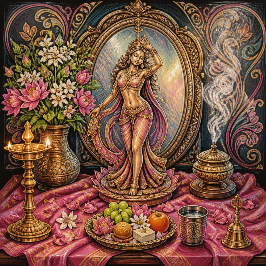 A devotional shrine to the Apsaras with a dancing celestial figure, brass lamp, lotus flowers, incense, fruit offerings, and silk cloth