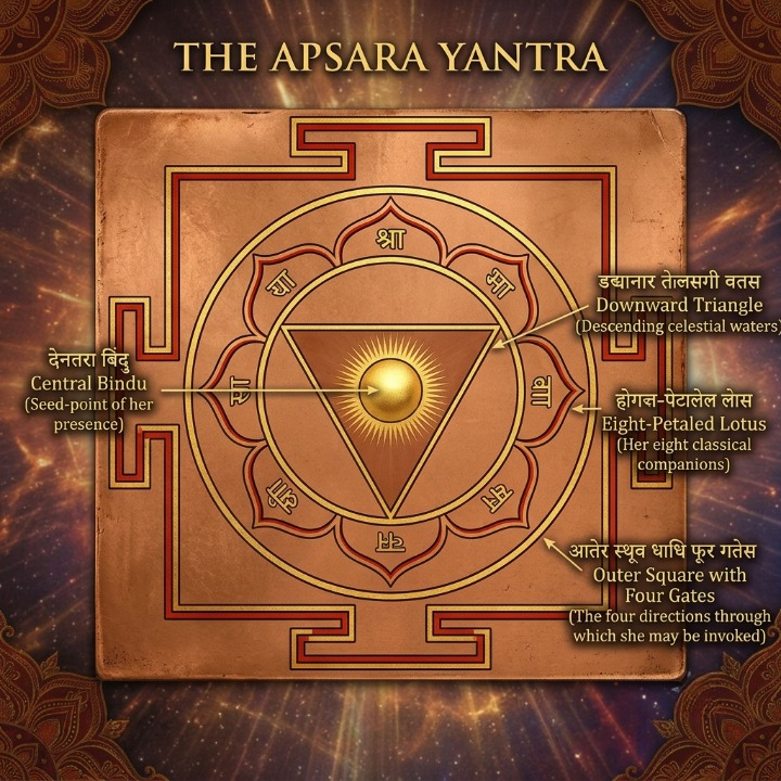 The Apsara Yantra: a copper-plate sacred diagram with a golden central bindu, downward triangle, eight-petaled lotus, and outer square gates